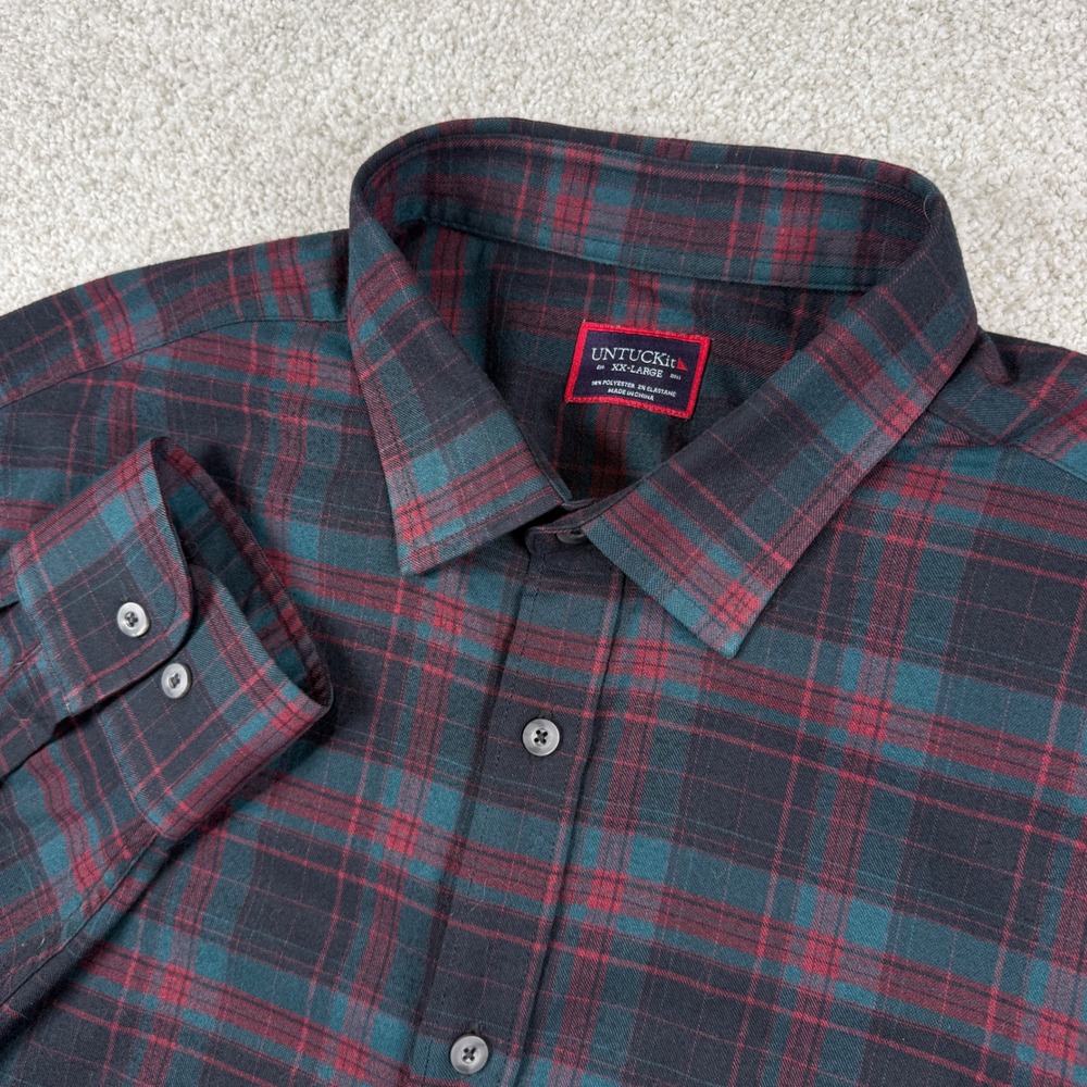 UNTUCKit Button Down Mens XX-Large Red Teal Plaid Flannel Stretch Shirt